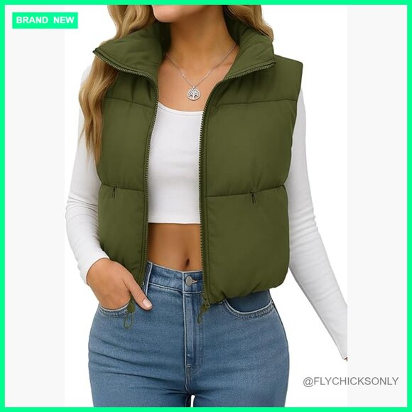 Polyester Puffer Vest with Stand Collar Cropped Design Adjustable Hem